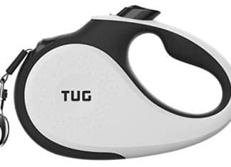 TUG 360° Tangle-Free, Heavy Duty Retractable Dog Leash for Up to 110 lb Dogs; 16 ft Strong Nylon Tape; One-Handed Brake, Pause, Lock (Large, White)