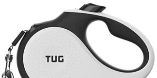 TUG 360° Tangle-Free, Heavy Duty Retractable Dog Leash for Up to 110 lb Dogs; 16 ft Strong Nylon Tape; One-Handed Brake, Pause, Lock (Large, White)