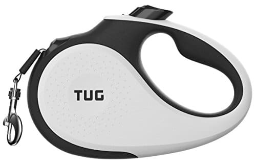 TUG 360° Tangle-Free, Heavy Duty Retractable Dog Leash for Up to 110 lb Dogs; 16 ft Strong Nylon Tape; One-Handed Brake, Pause, Lock (Large, White)