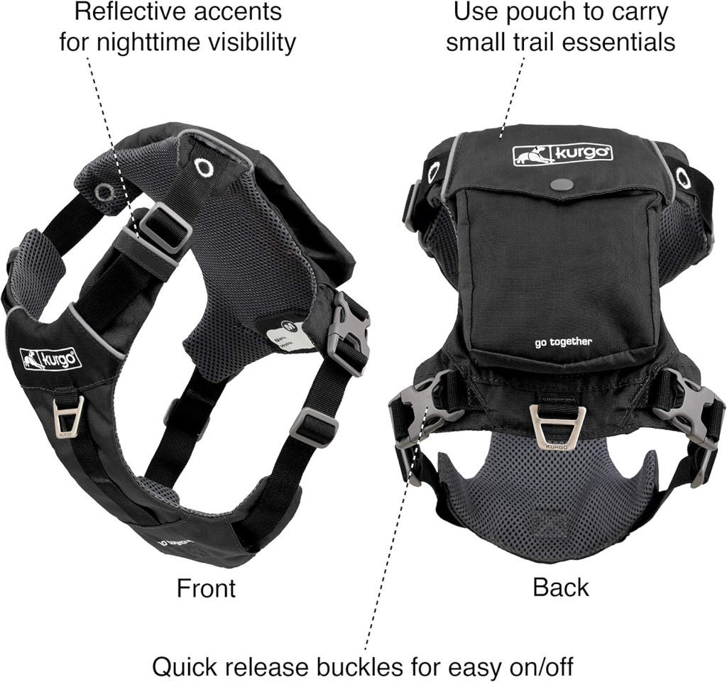 Kurgo Stash n’ Dash Dog Harness, Lightweight Vest Harness for Dogs, Pet Harness with Pocket, Folds into a Pouch, for Running, Hiking, Reflective, Black, Large