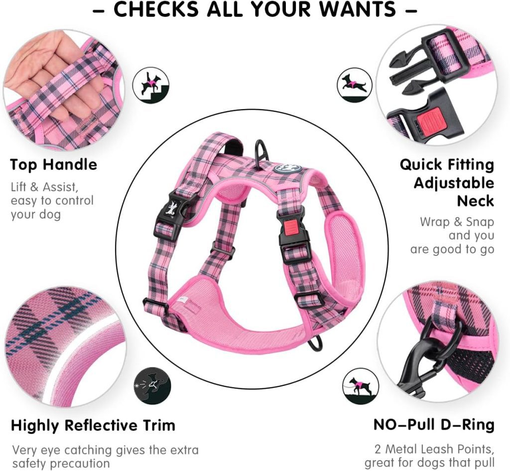 PoyPet No Pull Dog Harness, [Release on Neck] Reflective Adjustable No Choke Pet Vest with Front  Back 2 Leash Attachments, Soft Control Training Handle for Small Medium Large Dogs(Purple,S)