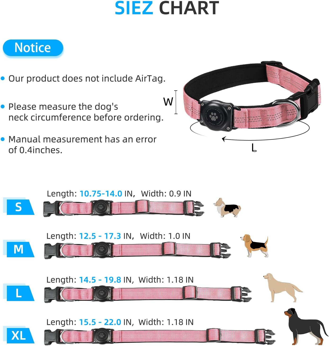 AirTag Dog Collar, IP68 Waterproof Air Tag Dog Collar Holder, Reflective, Ultra-Durable, Comfortable Padded, Heavy Duty Dog Collars for Small Medium Large Dogs (L (14.8-20.3), Purple)