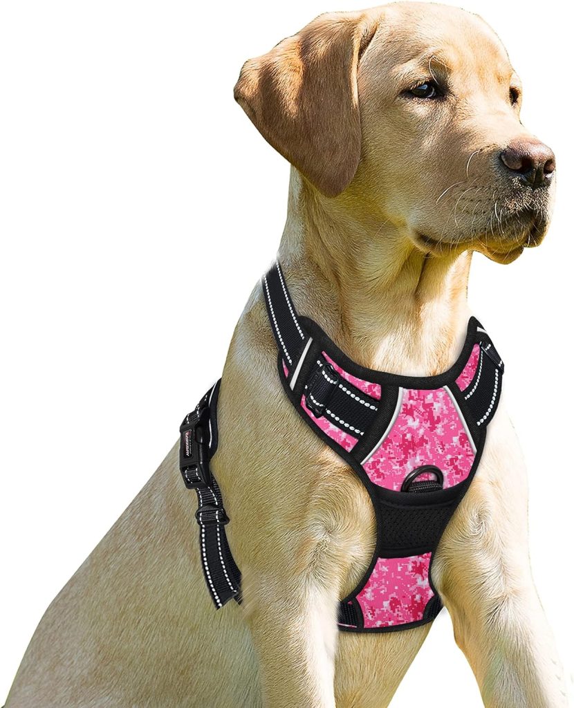 BARKBAY No Pull Dog Harness Front Clip Heavy Duty Reflective Easy Control Handle for Large Dog Walking(Pink camo,M)