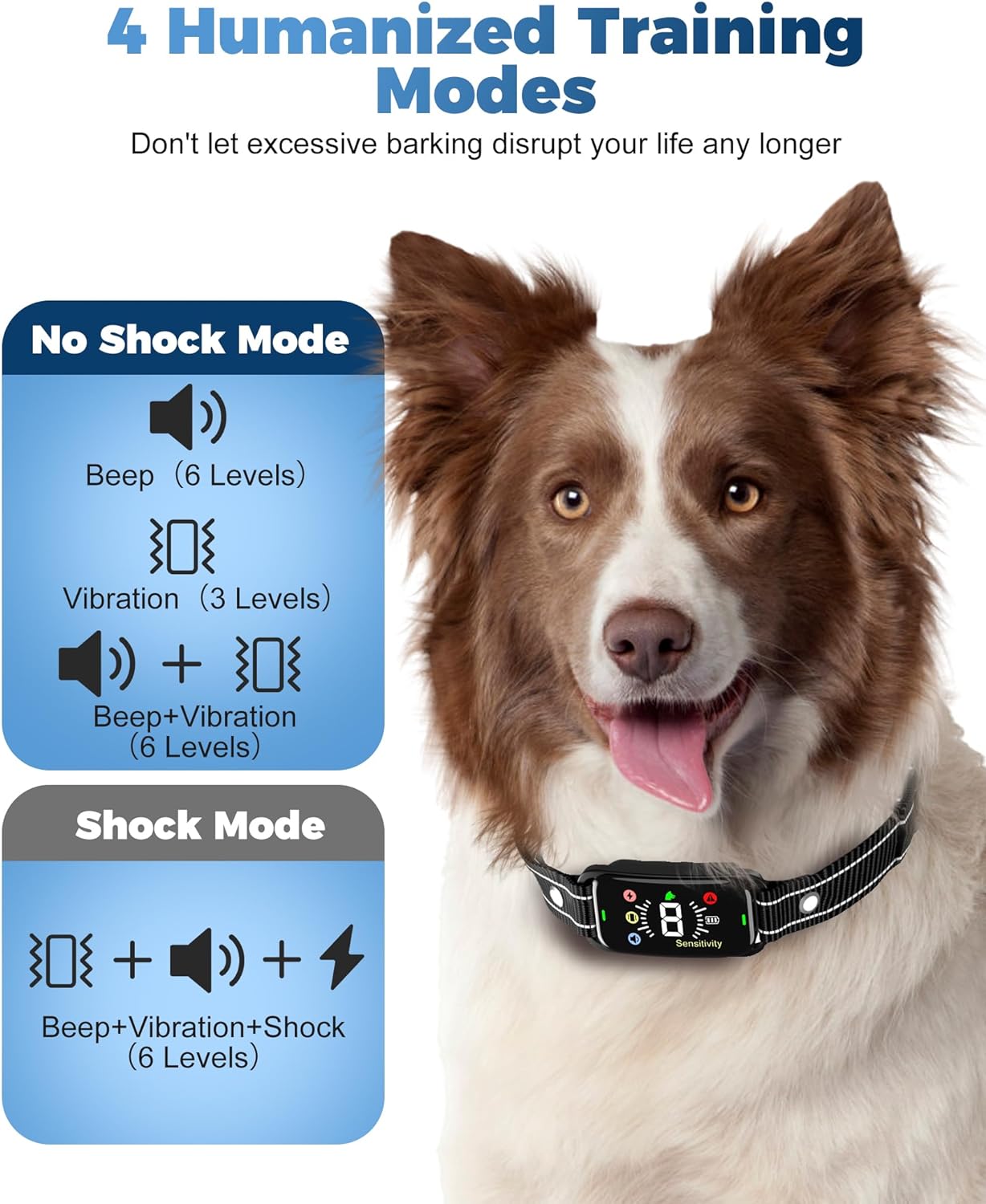 Dog Bark Collar - BEESHOP Rechargeable Bark Collar for Large Medium Small Dogs, Smart Anti Barking Training Collar with 8 Adjustable Sensitivity, Bark Shock Collar with Beep Vibration Shock