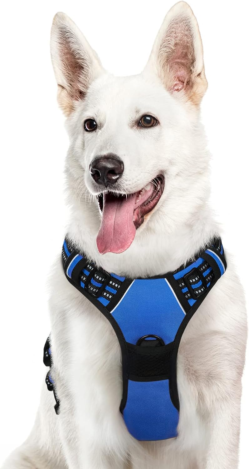 Eagloo Dog Harness Large Breed, No Pull Service Vest with Reflective Strips and Control Handle, Adjustable and Comfortable for Easy Walking, No Choke Pet Harness with 2 Metal Rings, Blue, XL