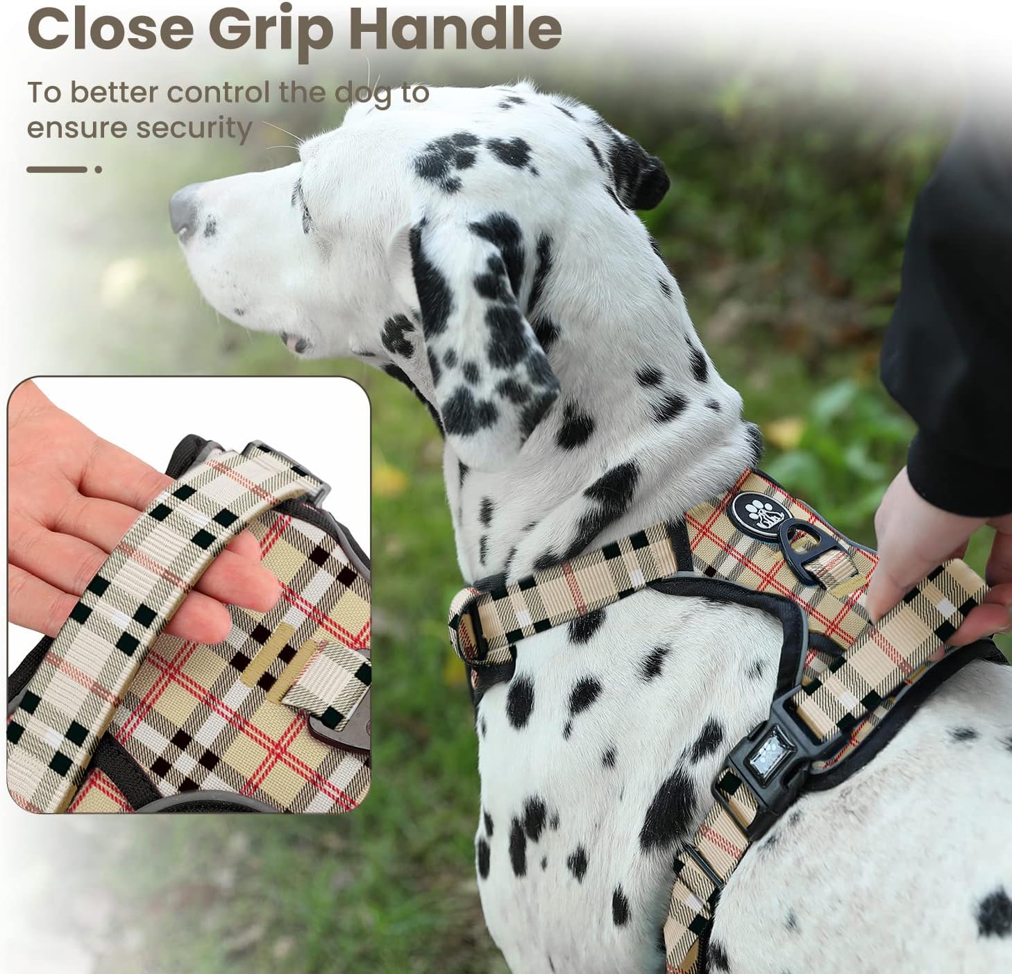 FURRYFECTION Plaid Dog Harness for Large Dogs, No Pull Reflective Pet Harness, No Choke Vest Harnesses with Leash, Easy Control Handle, Adjustable Front Lead  Seat Belt, Beige  White,L