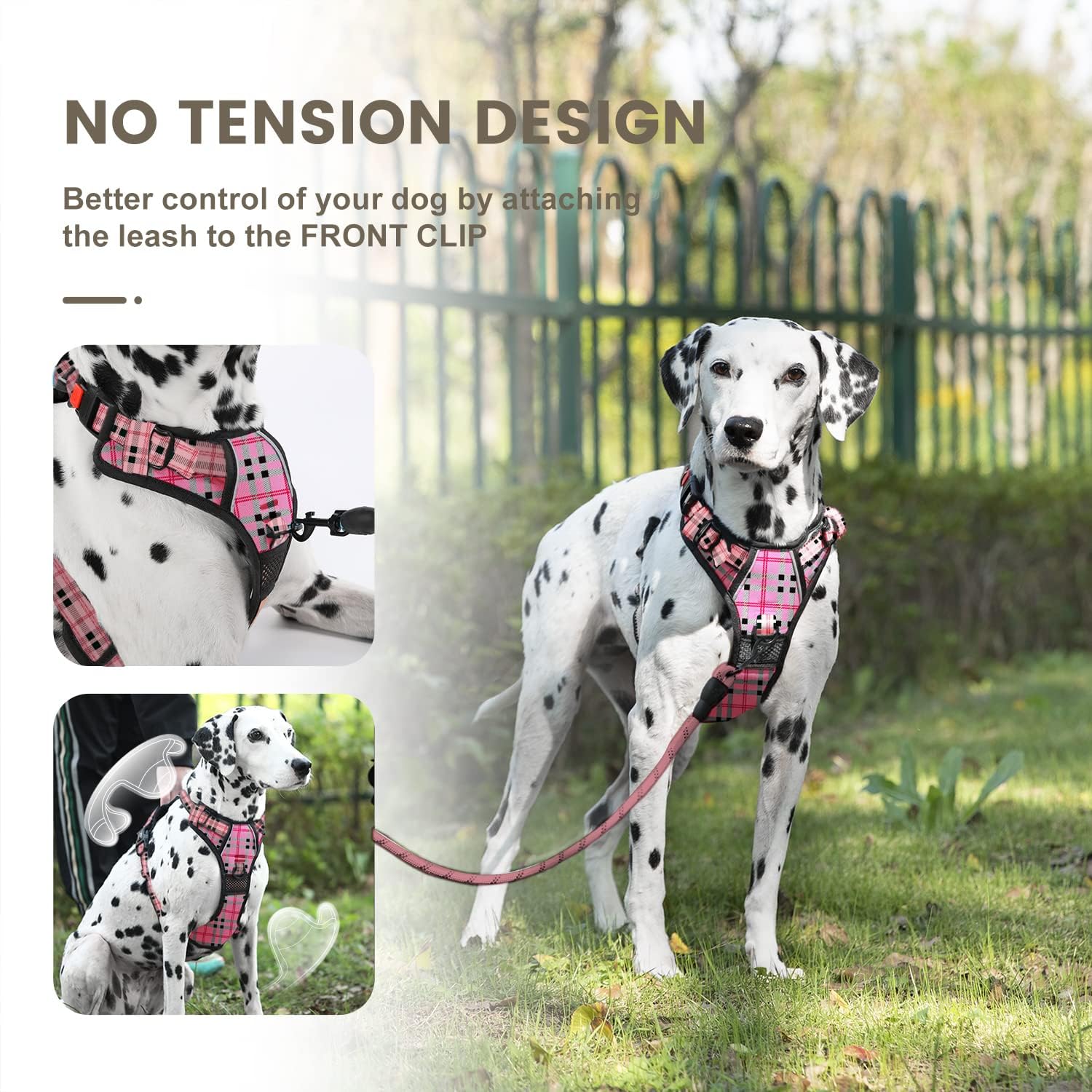 FURRYFECTION Plaid Dog Harness for Large Dogs, No Pull Reflective Pet Harness, No Choke Vest Harnesses with Leash, Easy Control Handle, Adjustable Front Lead  Seat Belt, Beige  White,L