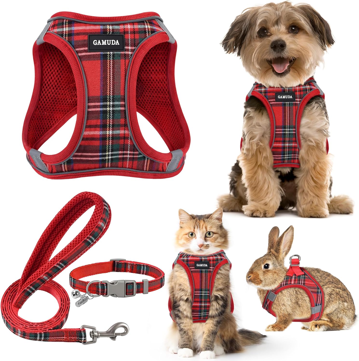 GAMUDA Small Pet Harness Collar and Leash Set, Step in No Chock No Pull Soft Mesh Adjustable Dog Vest Harnesses Plaid Reflective for Dogs Puppy Cats Kitten Rabbit (Red, XS)