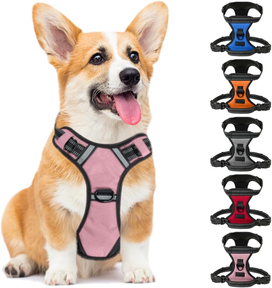 Gorilla Grip Comfortable Durable Dog Harness with Handle, Pet Leash Clips on Chest or Back for Walking, Padded Mesh Pets Vest, Adjustable Reflective Straps, Puppy Training, Pink