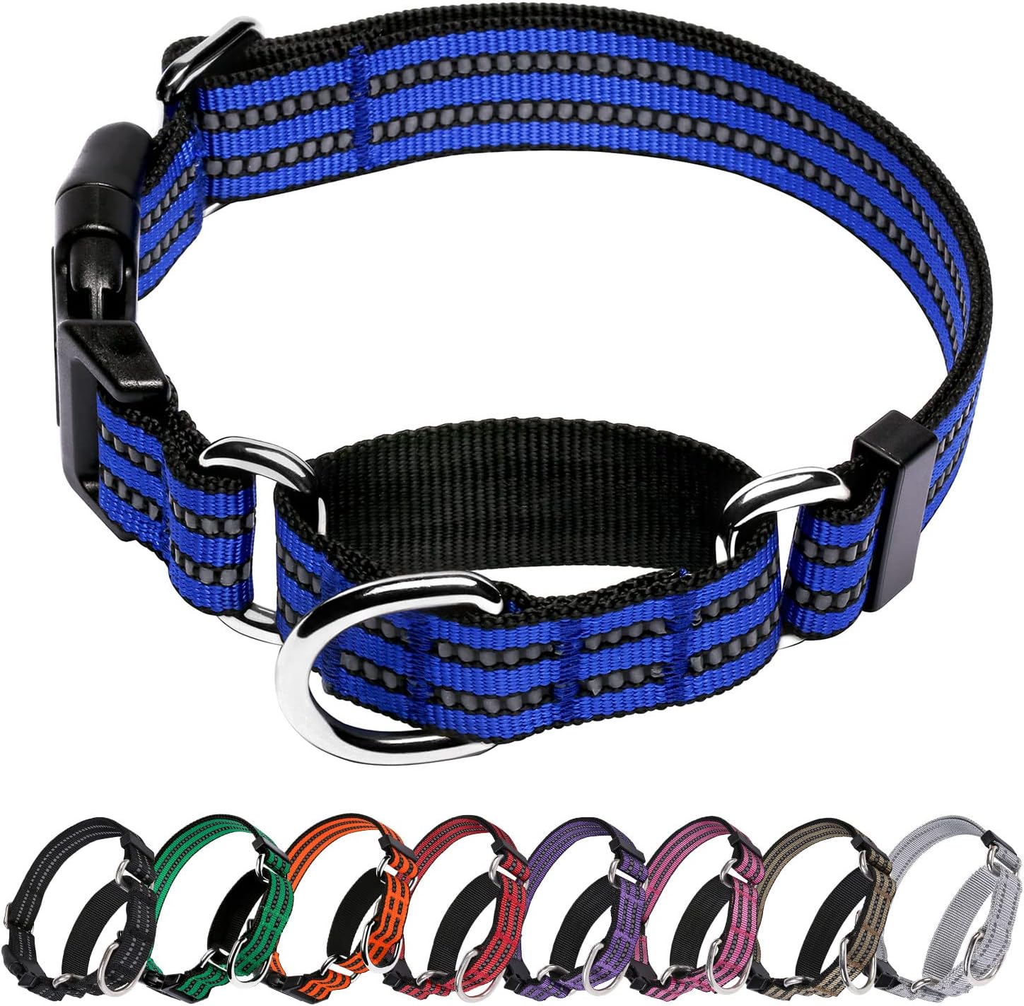 Hikiko Martingale Dog Collars Reflective Nylon Dog Collar with Quick Release Buckle Adjustable Training No Slip Dog Collar (Medium, Blue)