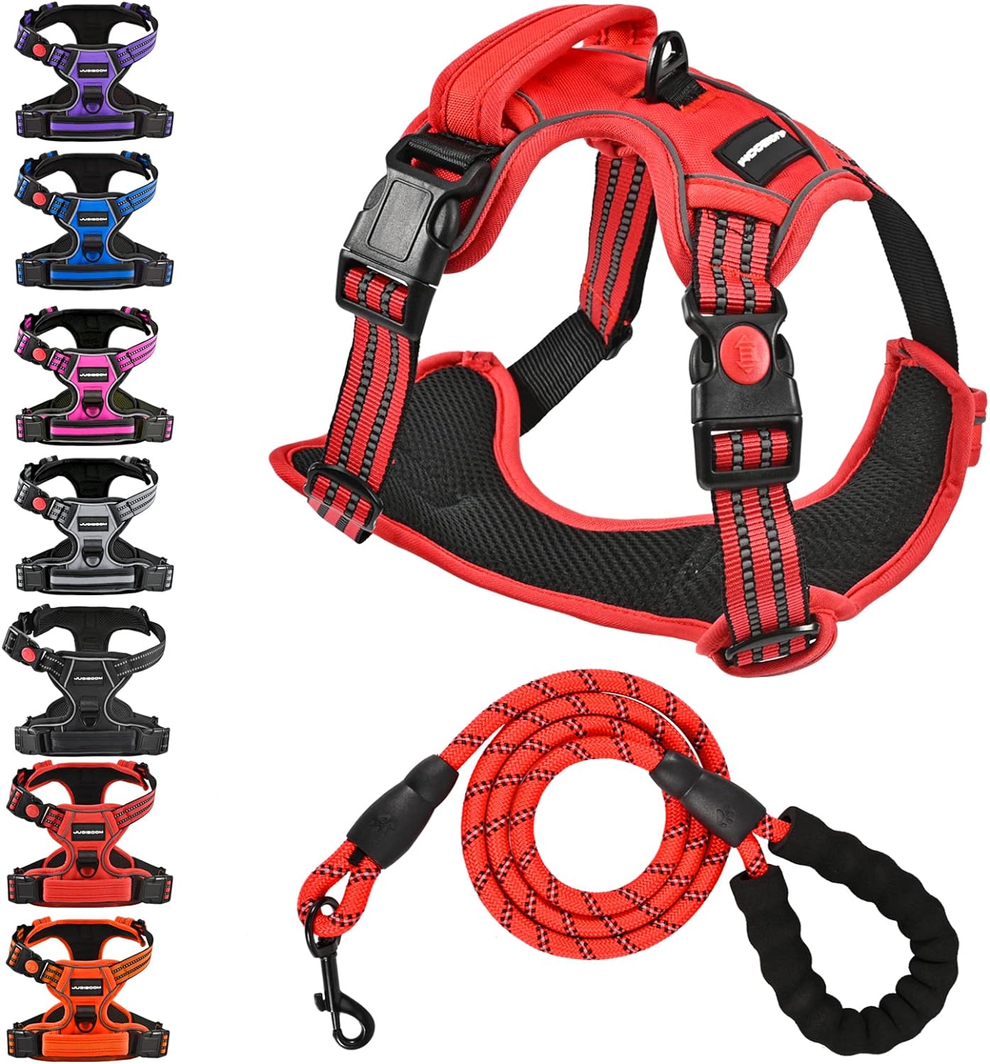 Juqiboom No Pull Dog Harness with A Free Heavy Duty 5ft Dog Leash, Adjustable Soft Padded Dog Vest, Reflective No-Choke Pet Oxford Vest with Easy Control Handle for Small and Large Dogs(Red, X-Large)
