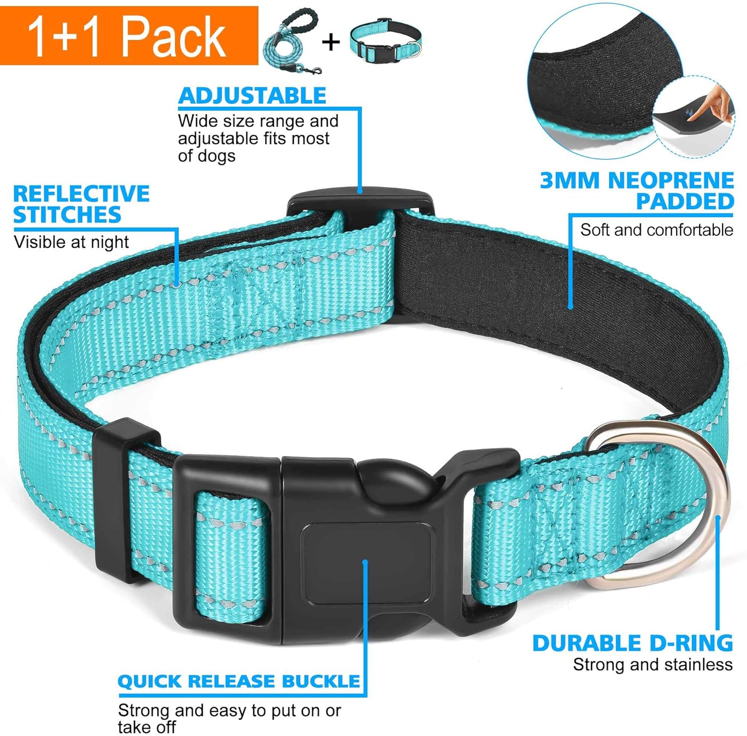 Ladoogo Reflective Dog Collar Padded with Soft Neoprene Breathable Adjustable Nylon Dog Collars for Small Medium Large Dogs (Small (Pack of 1), Blue Collar+Leash)