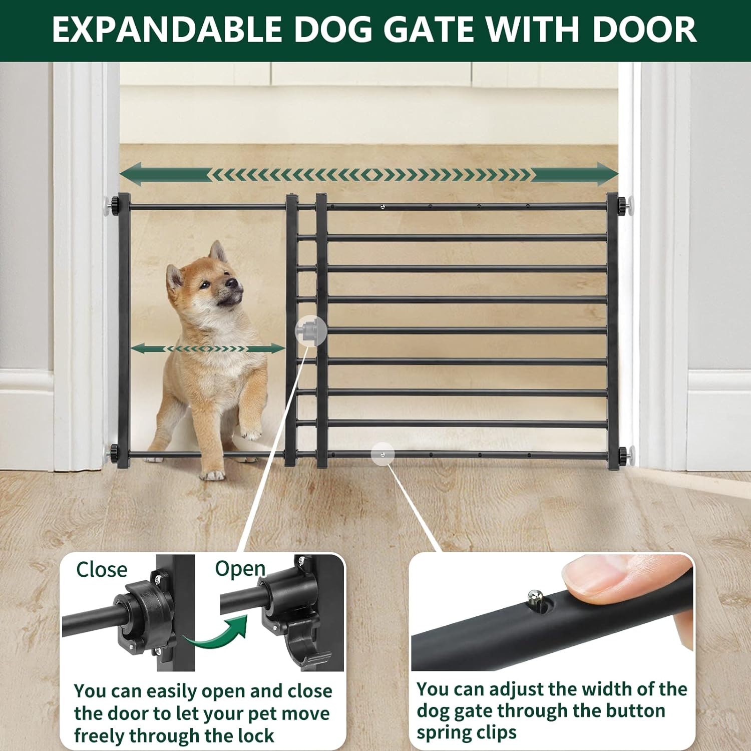 Malier Metal Dog Gate with Door, 26-43 Width Expandable Dog Gate Short Pet Gate for Stairs and Doorways, Pressure Mount Easily Step Over Indoor Dog Gates Puppy Gate for Small Dogs Puppy (L, White)