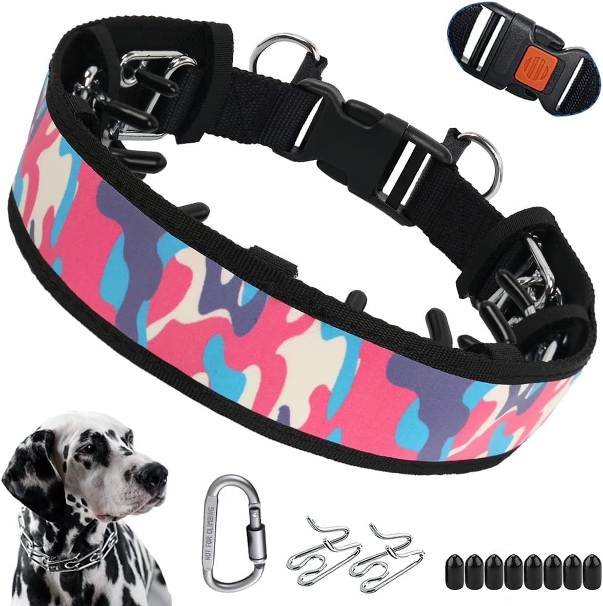 No Pull Dog Collar, Prong Collar for Small Medium Large Dogs, Pinch Collar for Dogs with Quick Release Buckle, Prong Collar Cover, Extra Links, Safety Clip, Rubber Tips