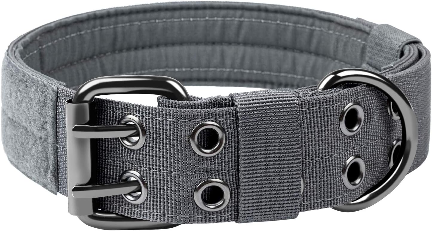 OneTigris Military Adjustable Dog Collar with Metal D Ring  Buckle 2 Sizes (M, Grey)