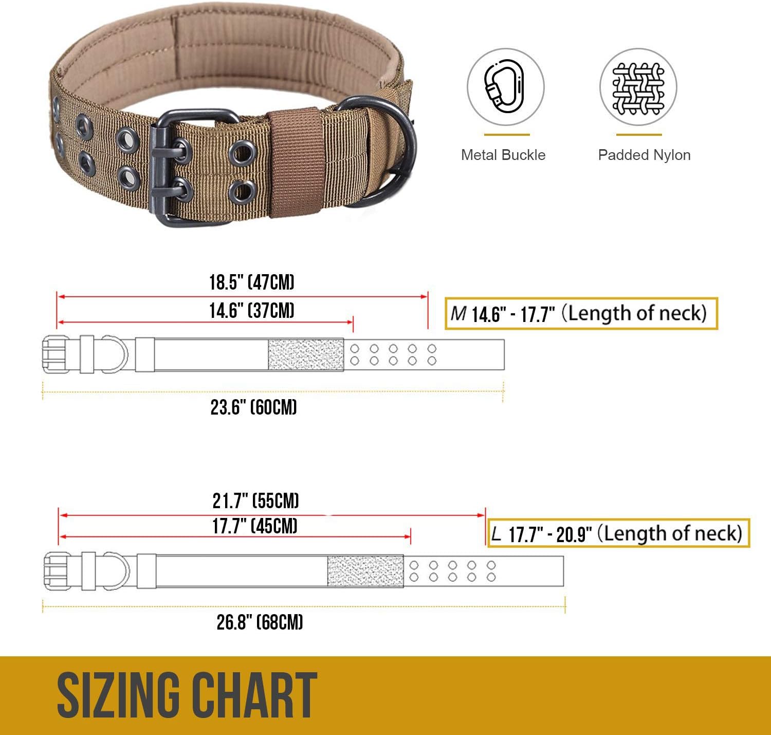OneTigris Military Adjustable Dog Collar with Metal D Ring  Buckle 2 Sizes (M, Grey)