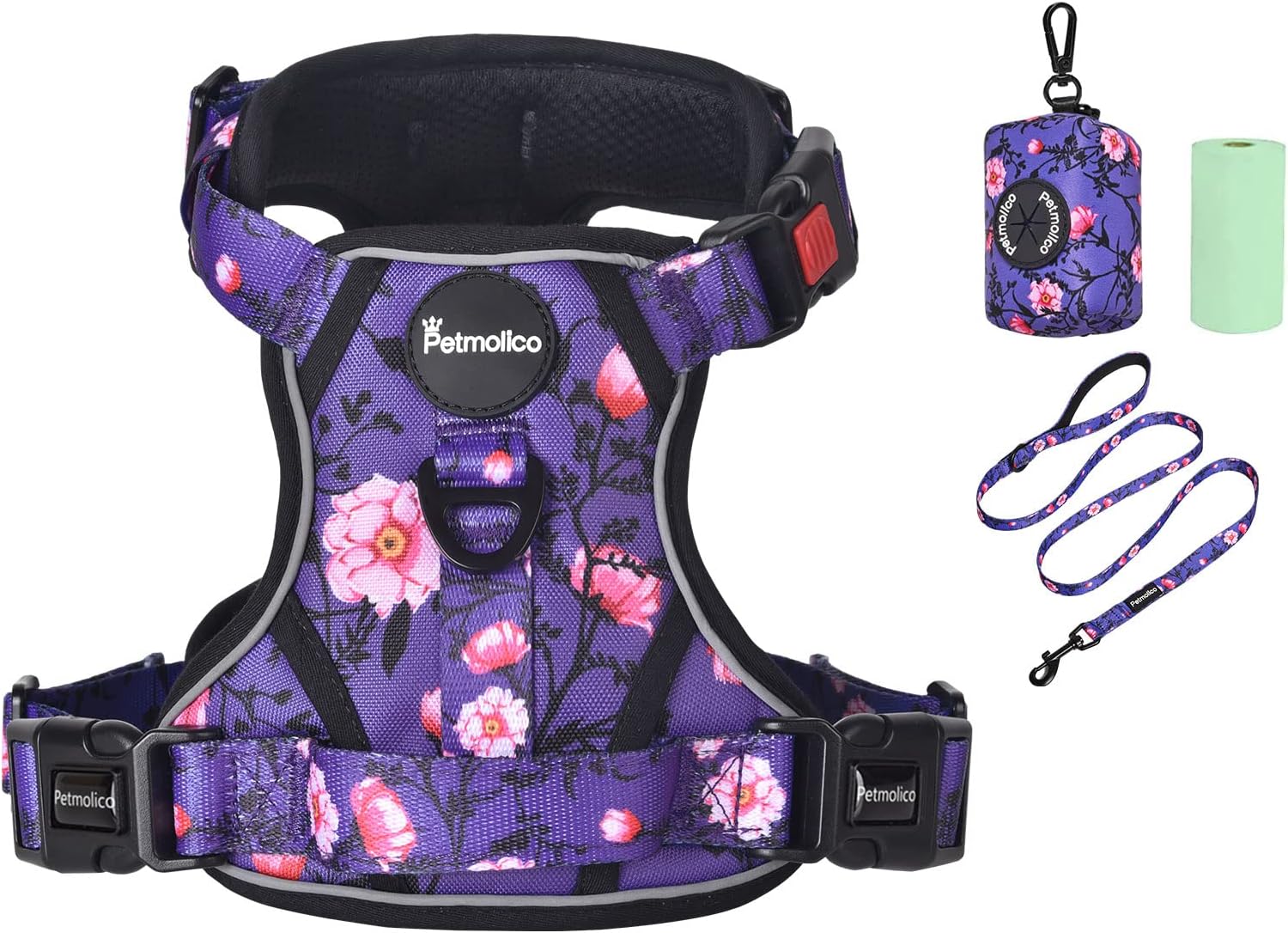 Petmolico No Pull Dog Harness Set, 2 Leash Attchment Easy Control Handle Reflective Vest Dog Harness Small Breed, Small Dogs Harness and Leash Set with Poop Bag Holder, Small Purple Peach