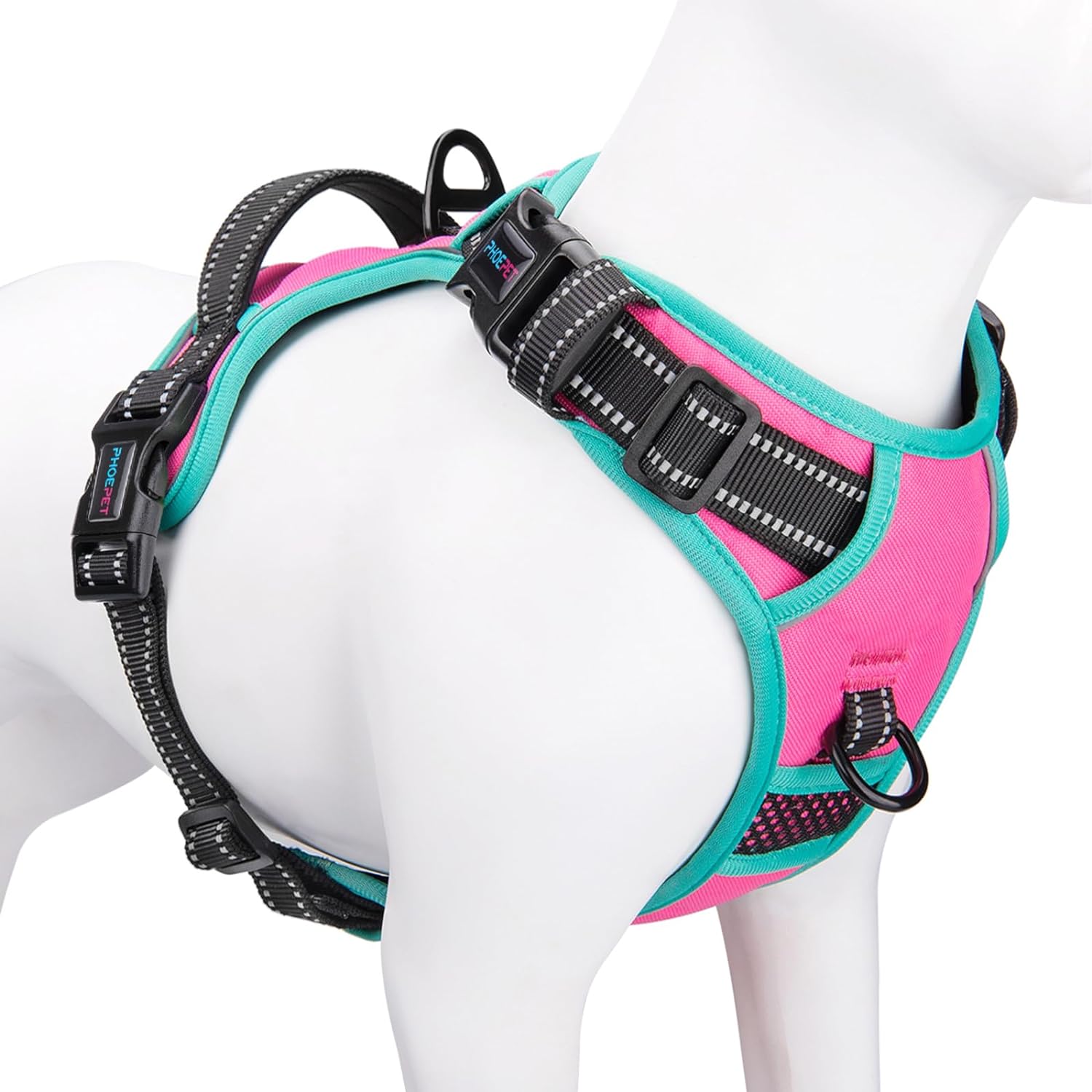 PHOEPET 2019 Upgraded No Pull Dog Harness, Reflective Adjustable Vest, with a Training Handle + 2 Metal Leash Hooks+ 3 Snap Buckles +4 Slide Buckles(L, Pink)