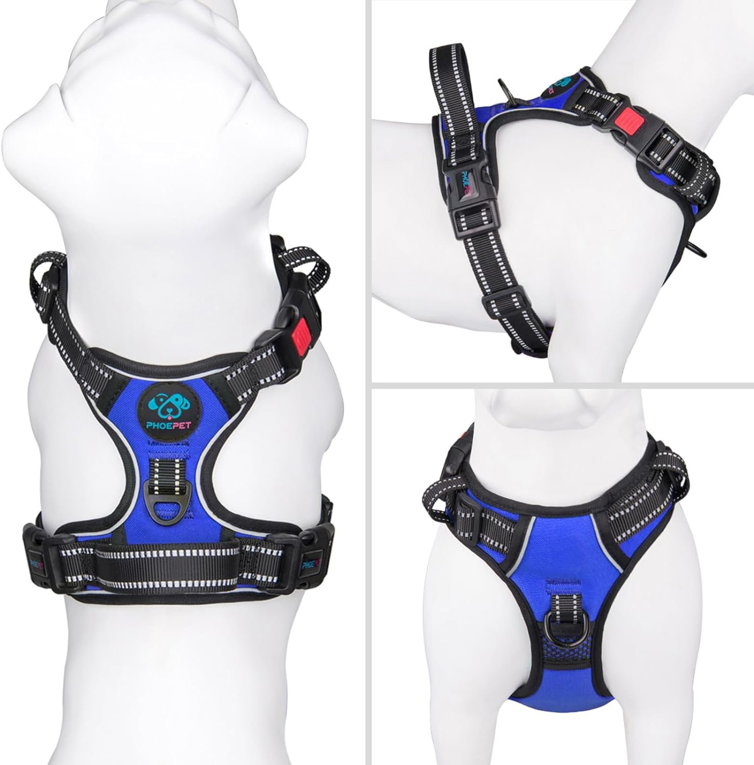 PHOEPET Reflective Dog Harness Large Breed Adjustable No Pull Vest with with Handle 2 Metal Rings 3 Buckles [Easy to Put on  Take Off](L, Black)
