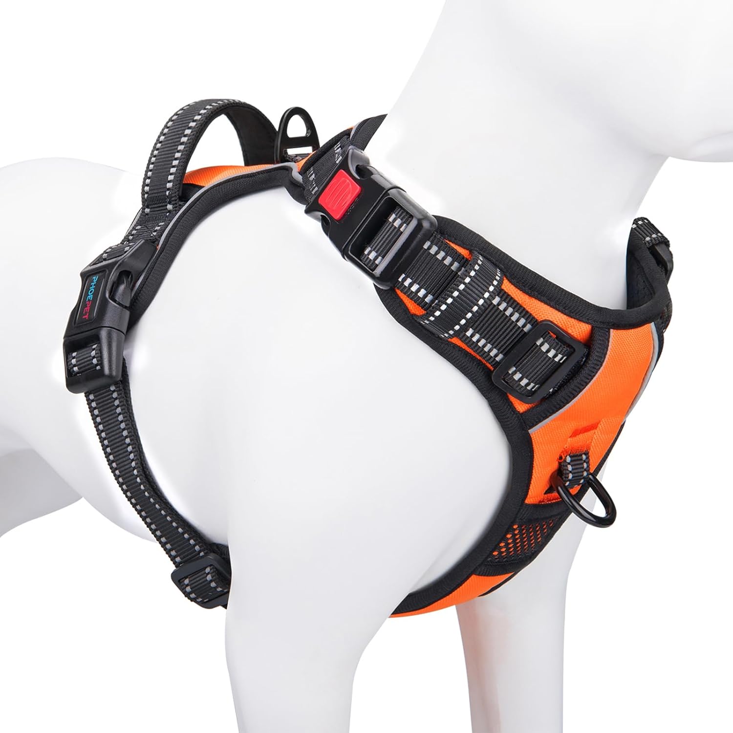 PHOEPET Reflective Dog Harness Large Breed Adjustable No Pull Vest with with Handle 2 Metal Rings 3 Buckles [Easy to Put on  Take Off](L, Orange)