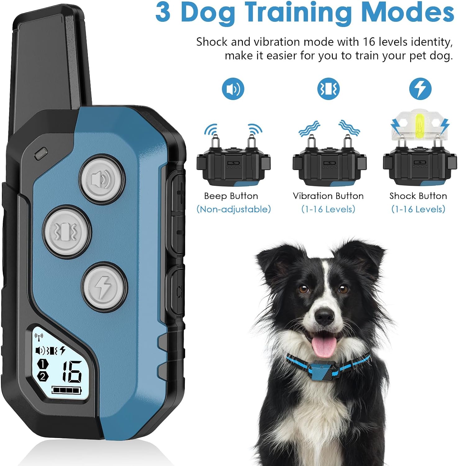 PIOUNS Dog Shock Collar, IP67 Waterproof Dog Training Collar with Remote, 3 Training Modes, Shock, Vibration and Beep, Rechargeable Electric Shock Collar for Large Medium Small Dog