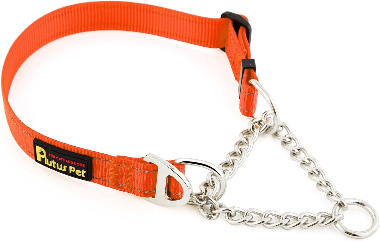 Plutus Pet Martingale Dog Collar with Stainless Steel Chain and Reflective Nylon, Adjustable No Pull Training Collar, for Small Medium, and Large Dogs, Orange, L