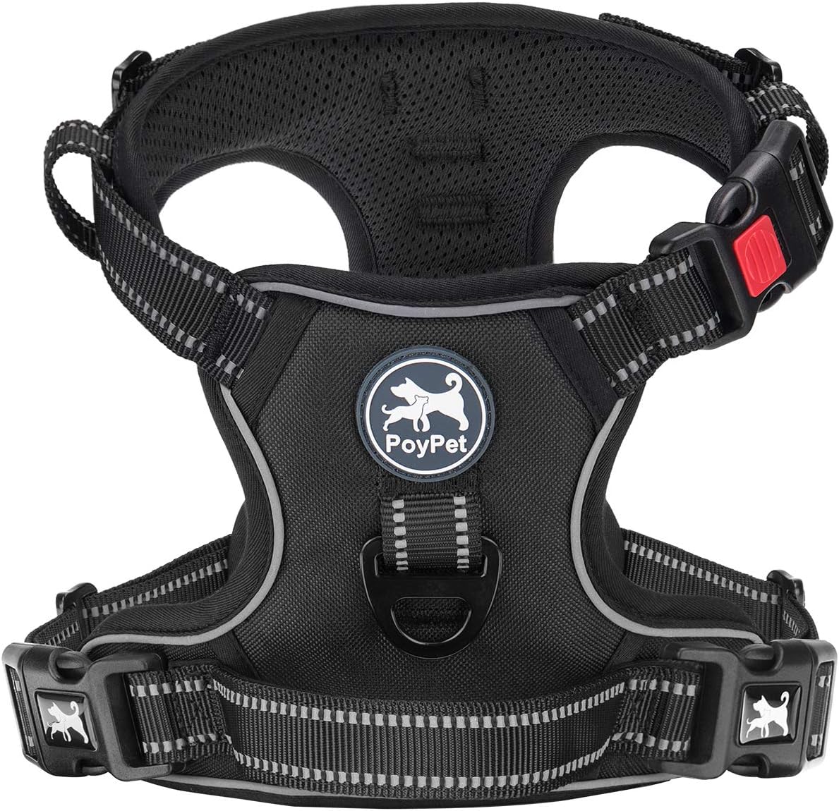 PoyPet Dog Harness No Pull, Reflective Vest Harness with Front  Back 2 Clips and Easy Control Handle for Small Medium Large Breed Dog (M, Black)