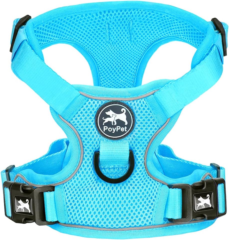 PoyPet Reflective Soft Breathable Mesh Dog Harness No Choke Double Padded Vest Adjustable(Light Blue,L)