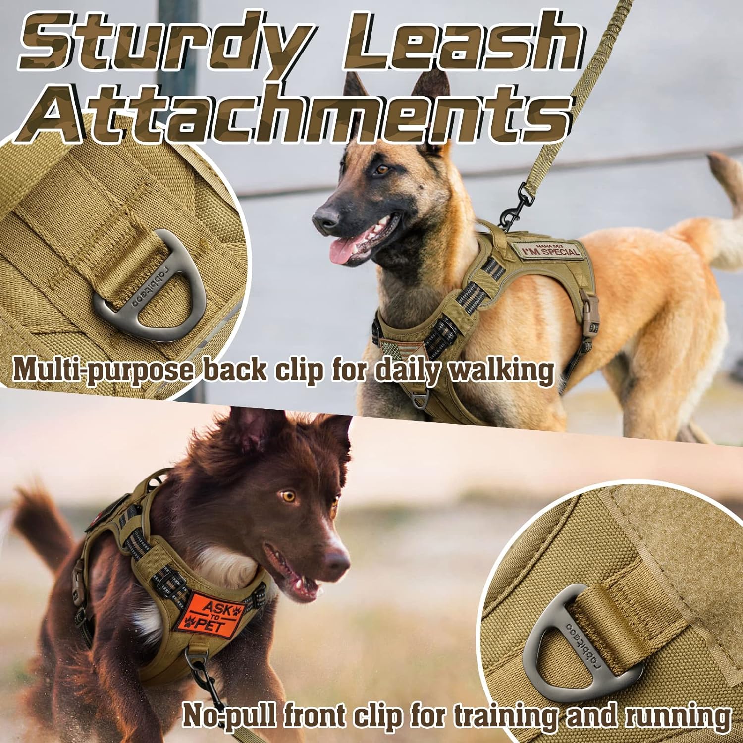 rabbitgoo Dog Harness No Pull, Military Dog Harness Medium Sized Dog with Handle Molle, Easy Control Service Dog Vest Harness Training Walking, Adjustable Reflective Tactical Pet Harness, Brown, M