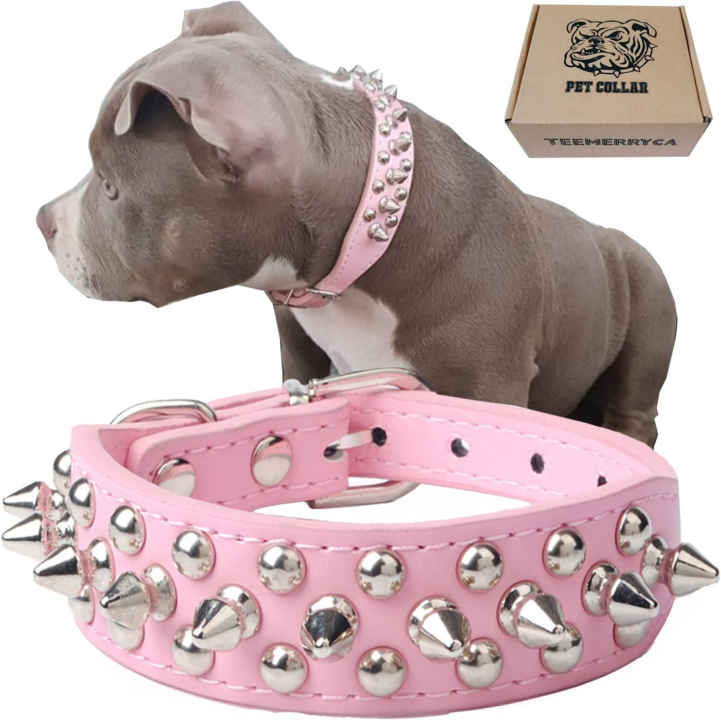 TEEMERRYCA Adjustable Leather Spiked Studded Dog Collars with a Squeak Ball Gift for Small Medium Large Pets Like Cats/Pit Bull/Bulldog/Pugs/Husky, Pink, L(15-18.5)