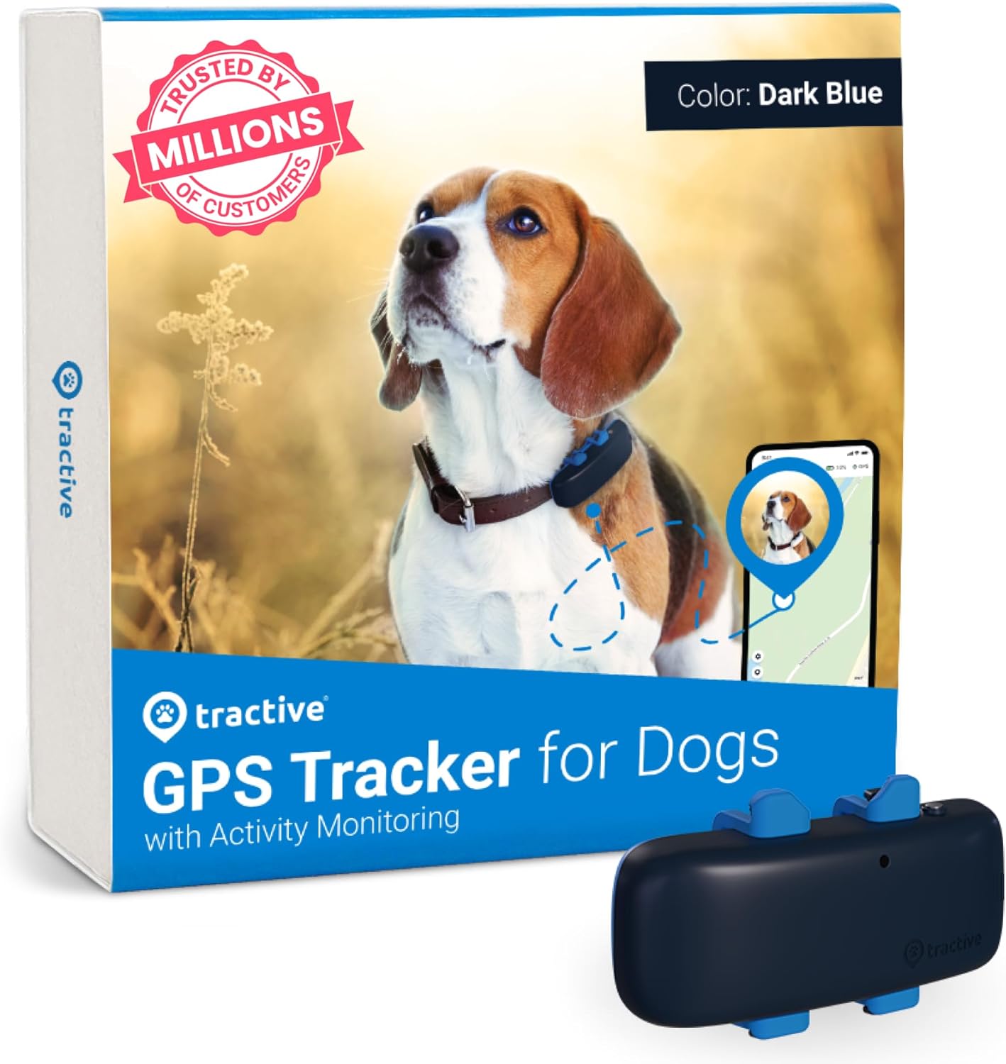 Tractive GPS Tracker Health Monitoring for Dogs - Market Leading Pet GPS Location Tracker, Wellness Escape Alerts, Waterproof, Works with Any Collar (Dark Blue)