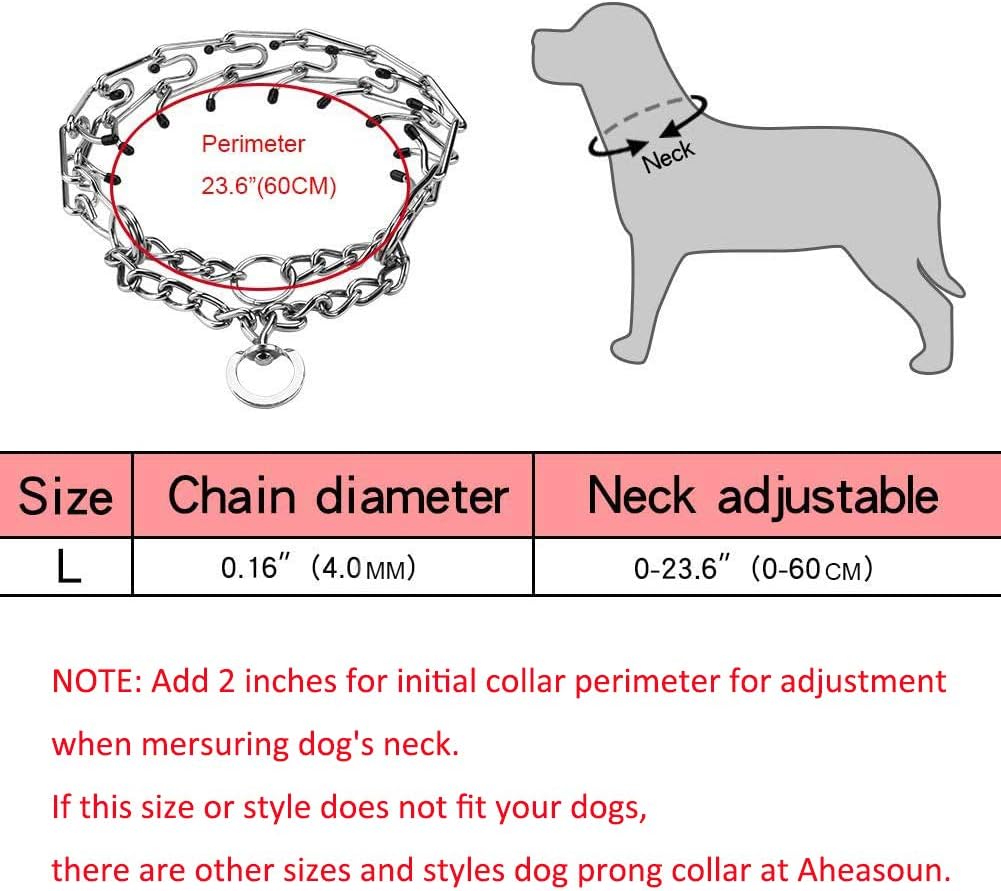 Aheasoun Prong Collar for Dogs, Dog Prong Collar, Pinch Collar for Dogs, Dog Training Collar, Large Medium and Small Dogs, Stainless Steel Adjustable with Comfort Rubber Tips (Large, 4.0mm, 23.6-Inch)