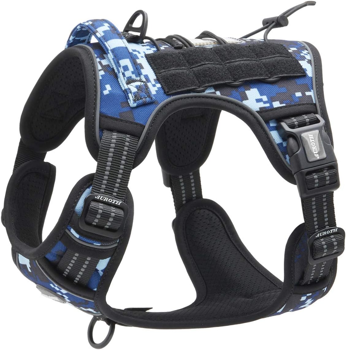 Auroth Tactical Dog Training Harness No Pulling Front Clip Leash Adhesion Reflective K9 Pet Working Vest Easy Control for Small Medium Large Dogs Blue Camo M