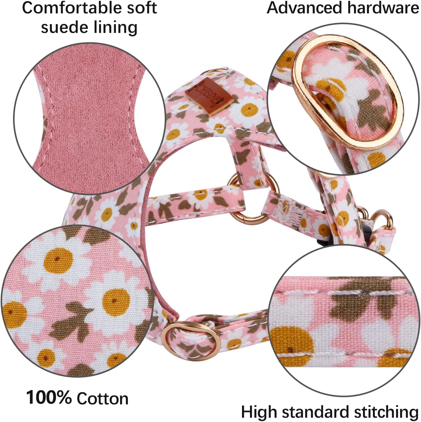 CHEDE No Pull Floral Pattern Dog Harness- Lightweight, Soft, Adjustable Small Harness and Leash Set, Suitable for Puppy Small and Medium-Sized Dog (XS, Orange Rose)
