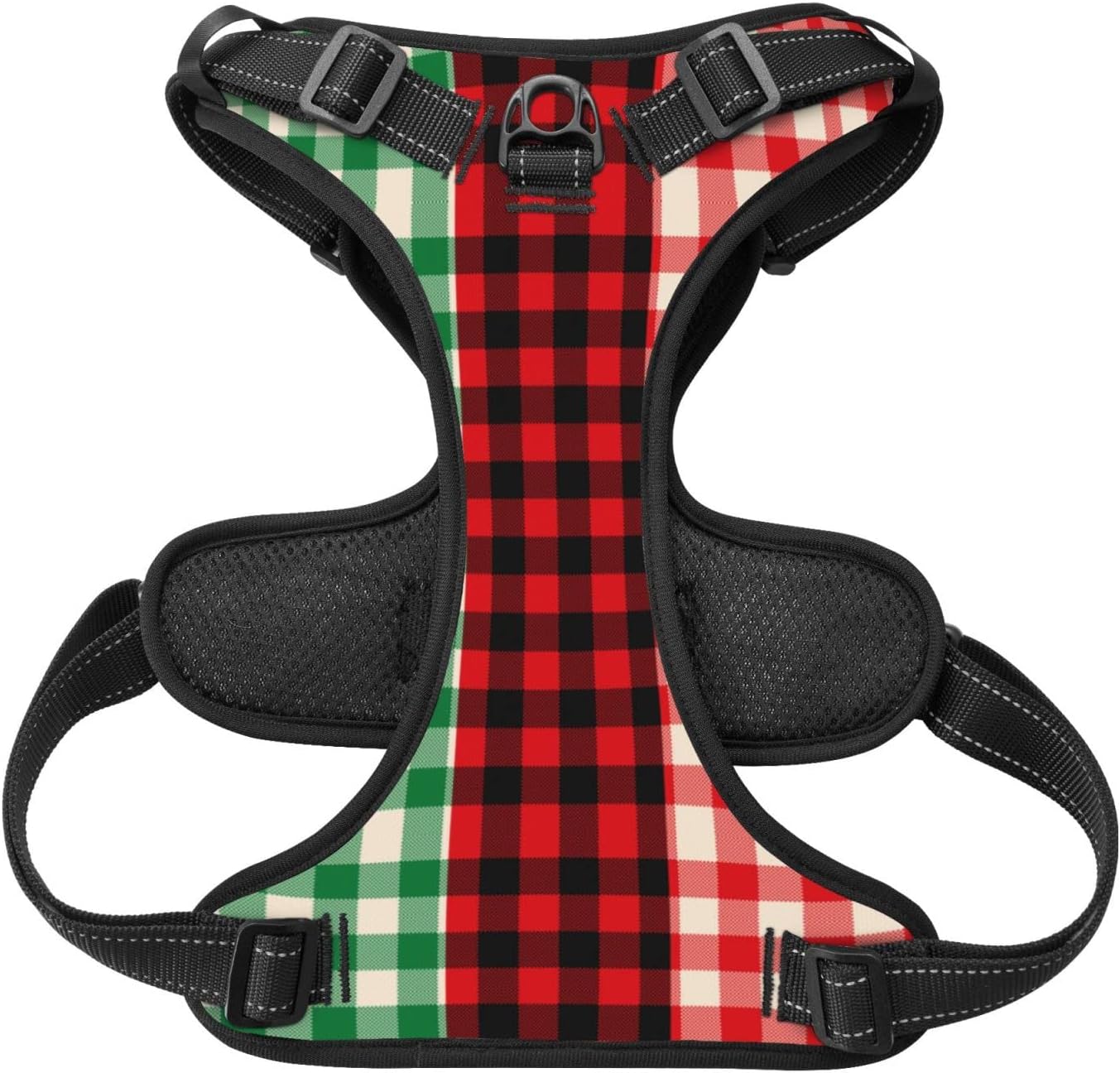 Custom No Pull Dog Harness, Personalized Christmas Green Red Plaid Dog Vest with Pet Name Phone Number, Customized Adjustable Reflective Pet Harness for Large Medium Small Dogs Cats Outdoor Walking