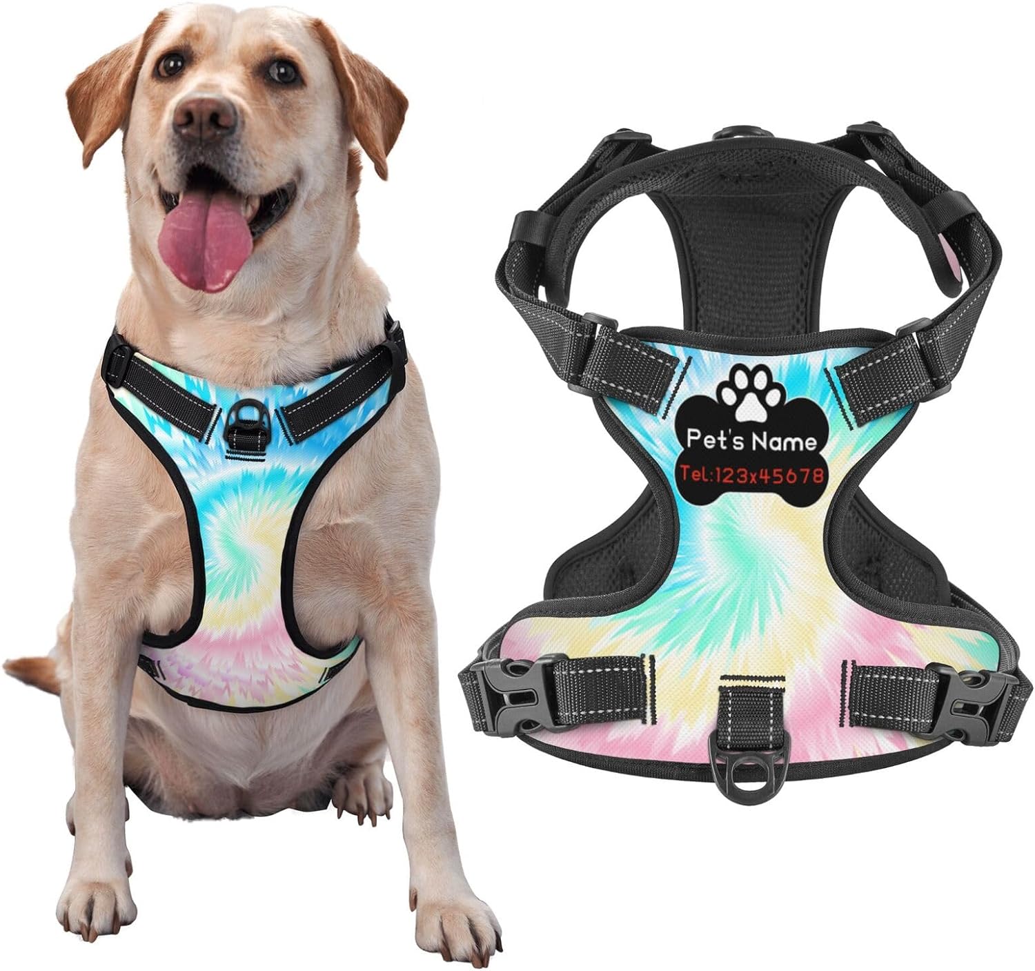 Custom No Pull Dog Harness, Personalized Colorful Tie Dye Dog Vest with Pet Name Phone Number, Customized Adjustable Reflective Pet Harness for Large Medium and Small Dogs Cats Outdoor Walking