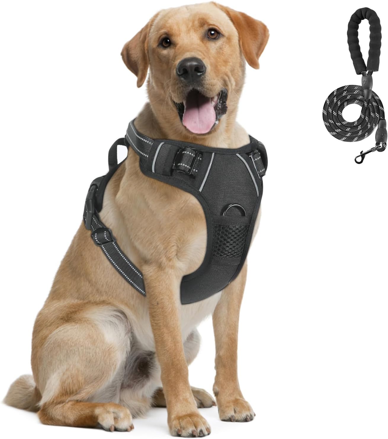 Dog Harness,No-Pull Pet Harness,Adjustable Soft Padded Pet Vest,Highly Reflective Strips and Control Handle for Small Medium Large Dog (Black, Large)