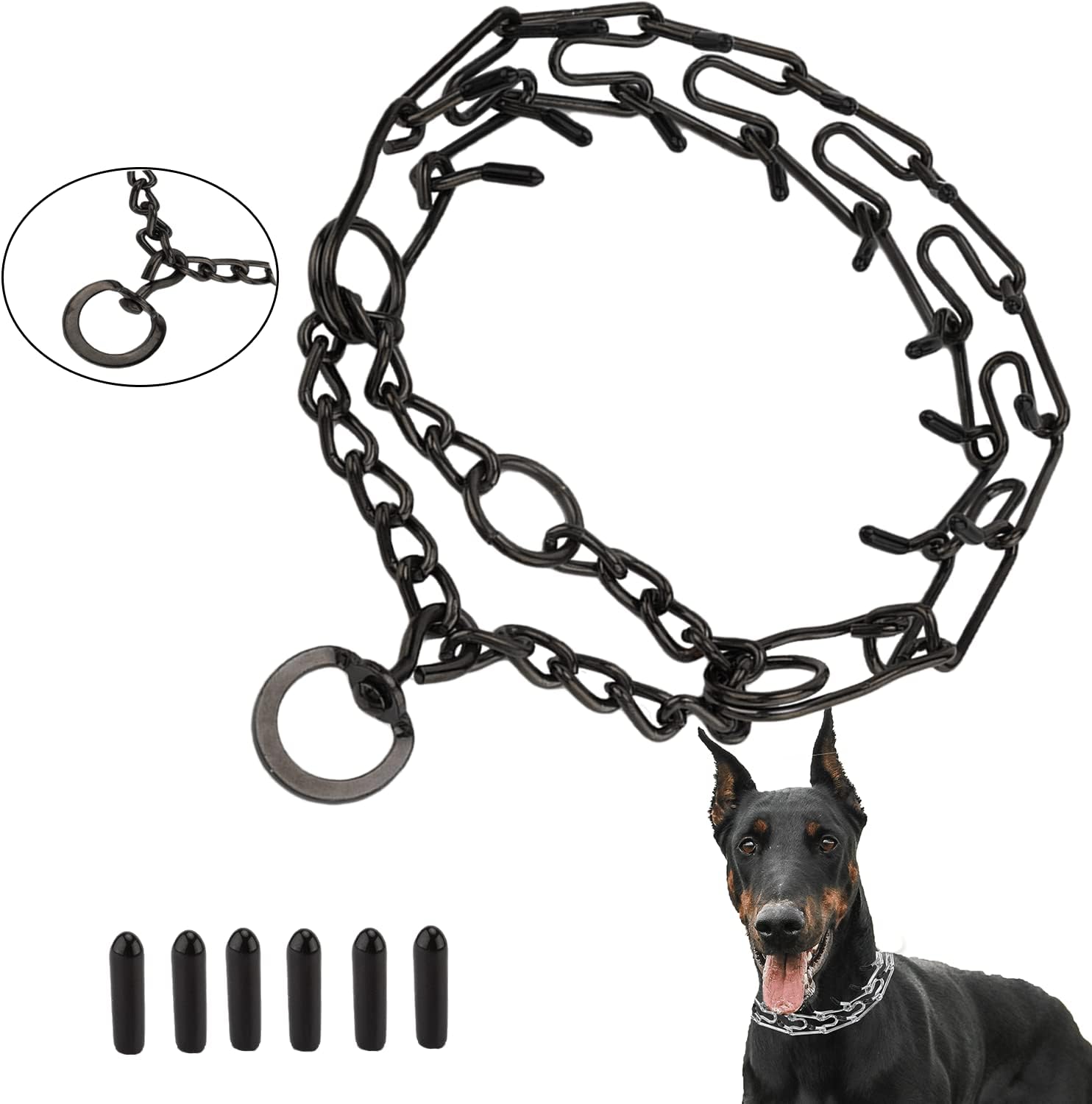 Dog Prong Collar Training Choke Chain Adjustable Pinch Collar Links with Comfort Rubber Tips and Quick Release Snap Buckle for Small Medium Large Dogs(Black-S)