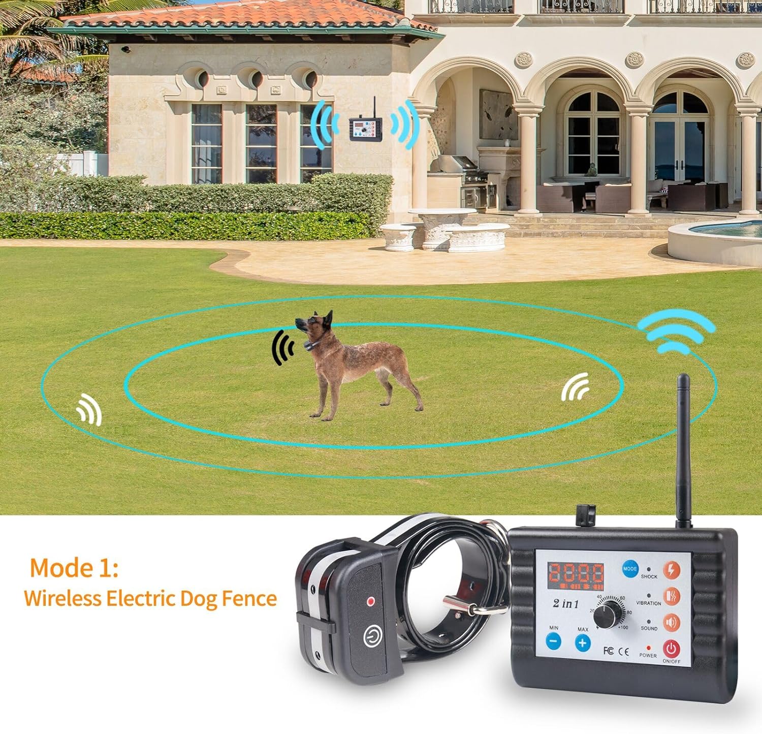 Dog Wireless Fence  Training Collar 2-in-1 System, 2024 Wireless Fence Harmless for All Dogs, Adjustable Control Range 2000 Feet, Adjustable Warning Strength, Waterproof Reflective Stripe Collar
