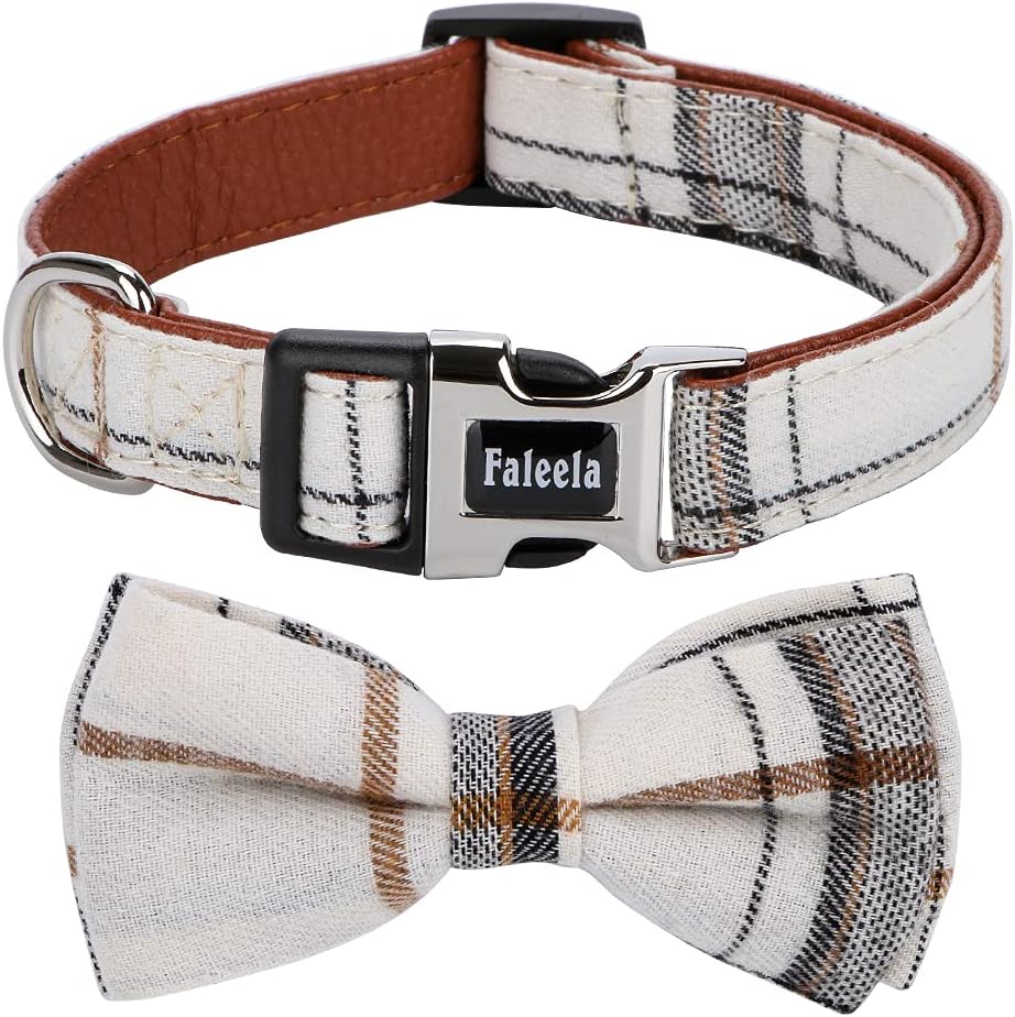 Faleela Soft Comfy Bowtie Dog Collar,Detachable and Adjustable Bow Tie Collar,for Small Medium Large Pet (M, Beige)