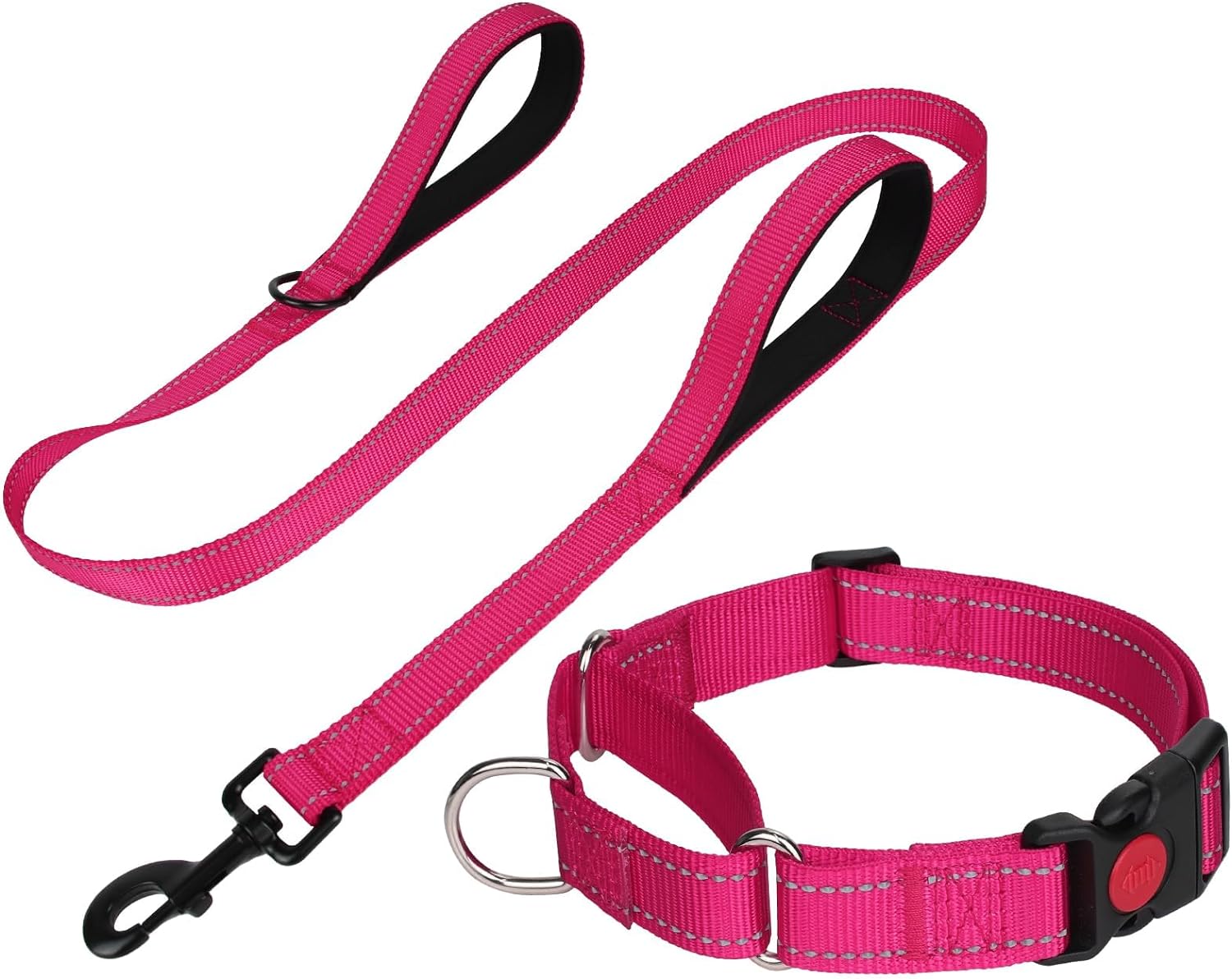 FunTags Reflective Martingale Collar for Dogs, Quick Release Buckle, 5FT Double Handle Dog Leash Padded, Dog Collar and Leash Set, Adjustable for Medium Dogs (Hotpink, M)