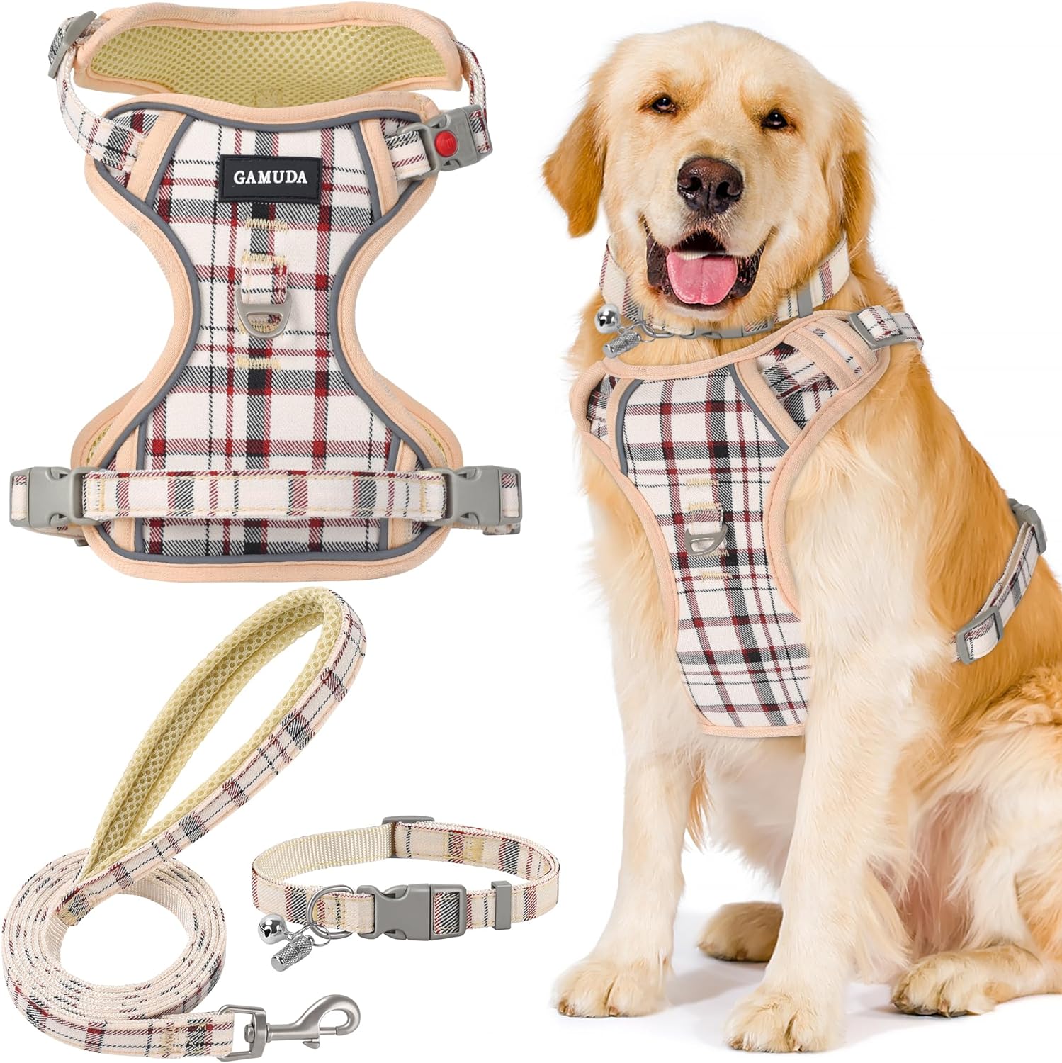 GAMUDA Pet Harness Collar and Leash Set, Horse Breast Collars, No Chock No Pull Adjustable Vest Harnesses Plaid Reflective for Medium Dog, Cat, Small Horse, Small Bull and Pig (Beige, S)