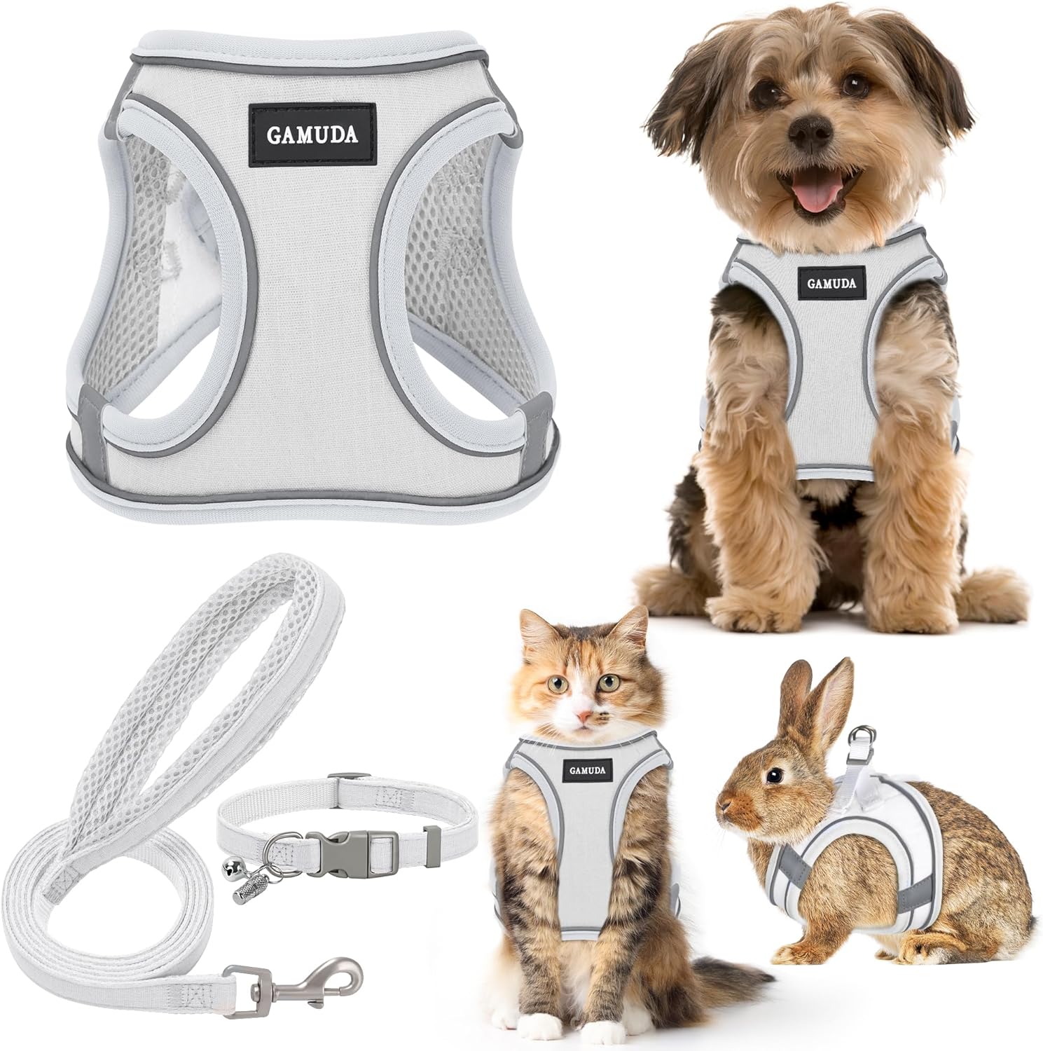 GAMUDA Small Pet Harness Collar and Leash Set, Step in No Chock No Pull Linen Fabric Soft Mesh Dog Vest Harnesses Reflective for Dogs Puppy Cats Kitten Rabbit (XS, White)