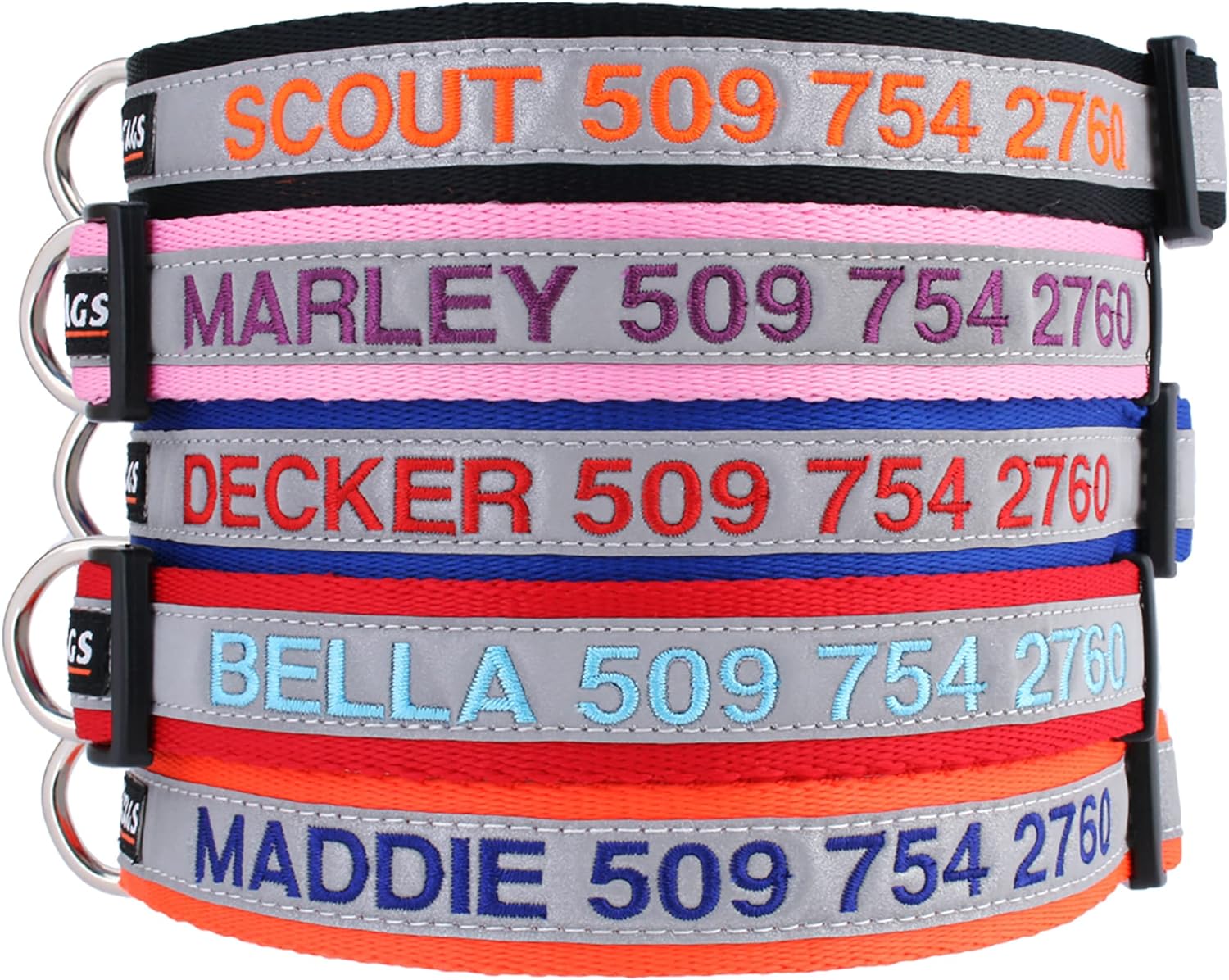 GoTags Reflective Personalized Dog Collar, Custom Embroidered with Pet Name and Phone Number in Red for Boy and Girl Dogs, 3 Adjustable Sizes, Small, Medium, and Large