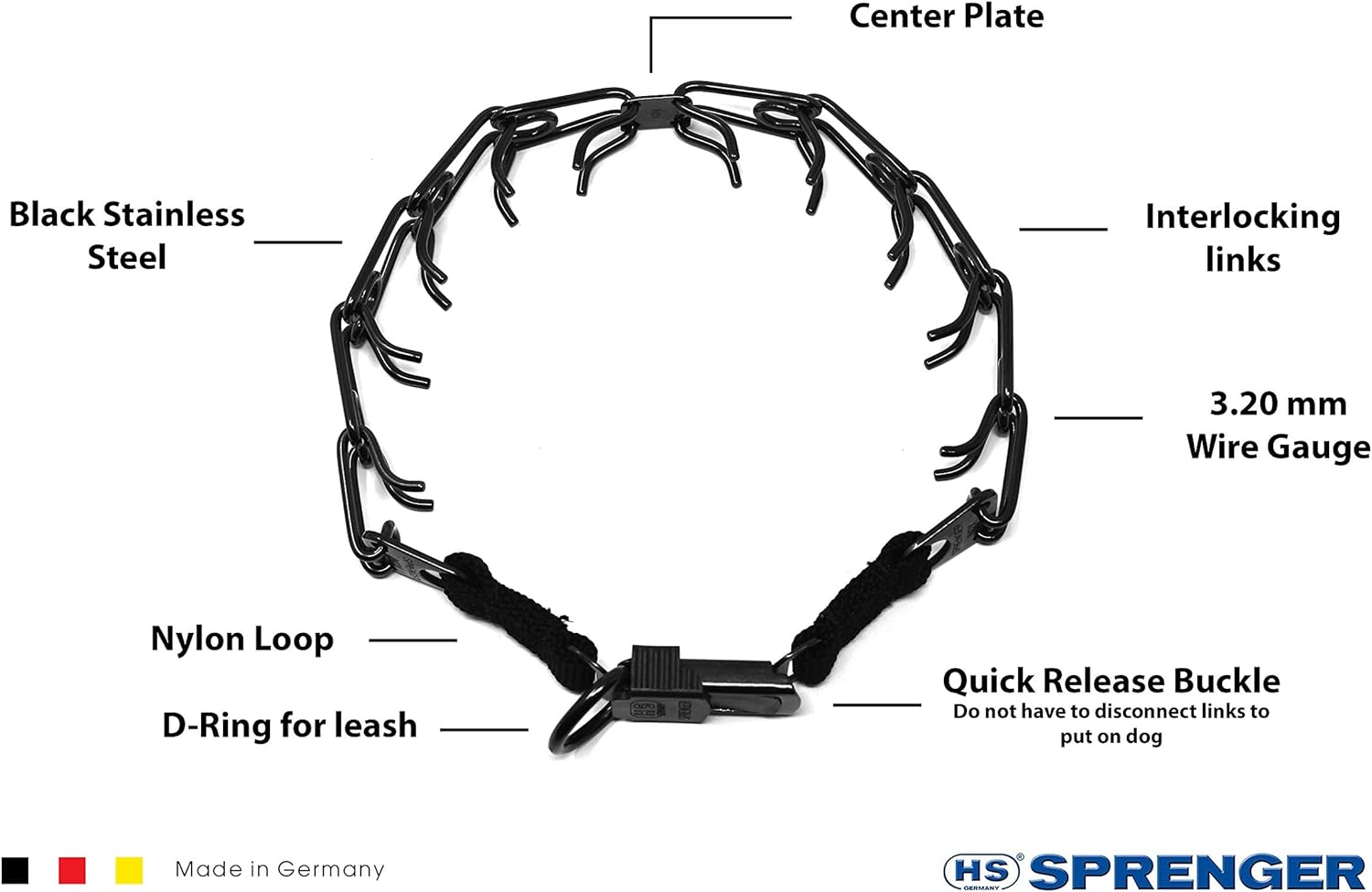 Herm Sprenger Black Stainless Steel Prong Dog Training Collar with Quick Release Buckle Ultra-Plus Pet Pinch Collar No-Pull Collar for Dogs Made in Germany 3.2mm x 20in Medium