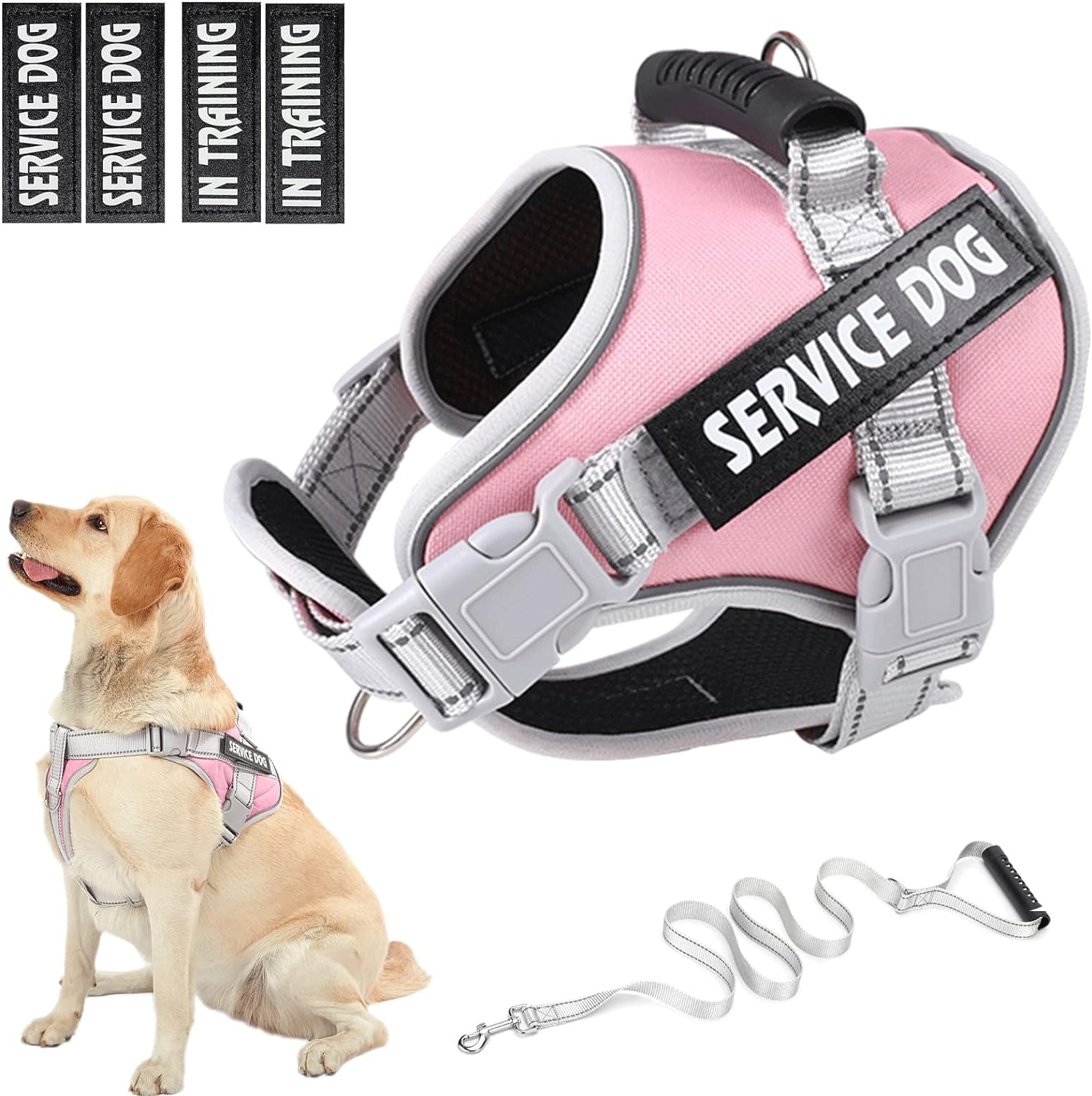 HUSDOW Service Dog Vest Harness, No Pull in Trainning Dog Harnesses with Handle  5ft Dog Leash, Adjustable and Reflective No Chock for Small Medum Large Pets Walking and Running(Pink, S)