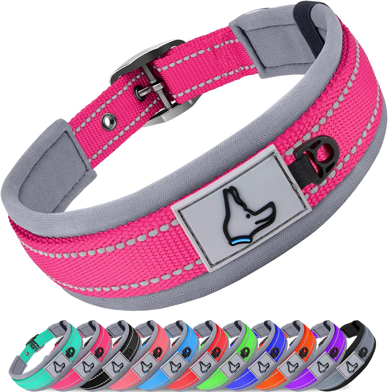 Joytale Neoprene Padded Dog Collars for Medium Dogs, 11 Colors, Reflective Wide Pet Collars with Durable Metal Belt Buckle, Adjustable Heavy Duty Nylon Dog Collar, Hotpink