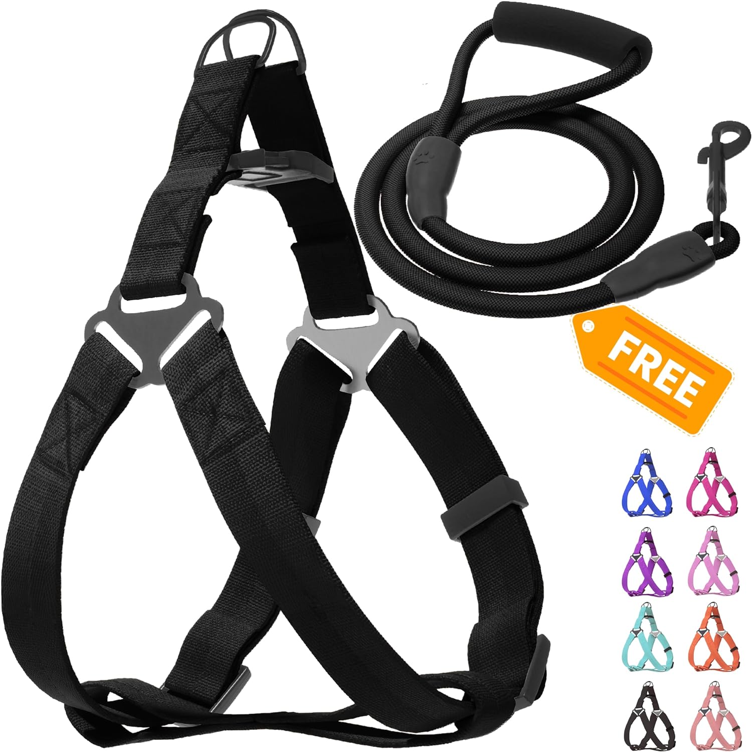 JUSTGIFT Step in No Pull Dog Harness, Free Upgrade Ultra Durable Dog Rope Leash Harness Nylon (2-in-1) Non-Slip Adjustable, Easy Control Handle, Strong Metal, Vest Harness for Large Dog - Black L