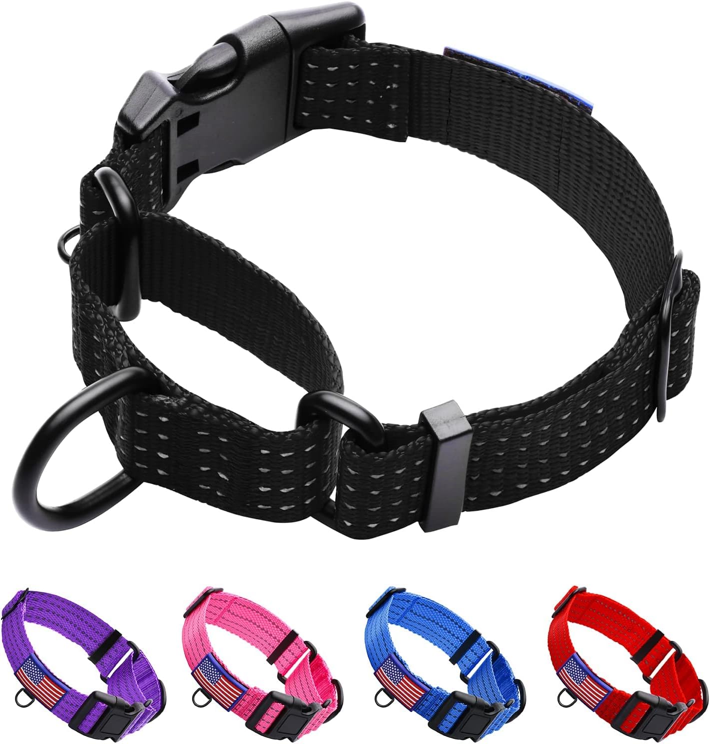 Martingale Collar for Training Dogs. Adjustable Reflective Collars with Buckle-USA Flag- NO Pull-Prevents Slipping Out, for Medium Large XL Dogs. Helps with Strong pullers (XL, Black)