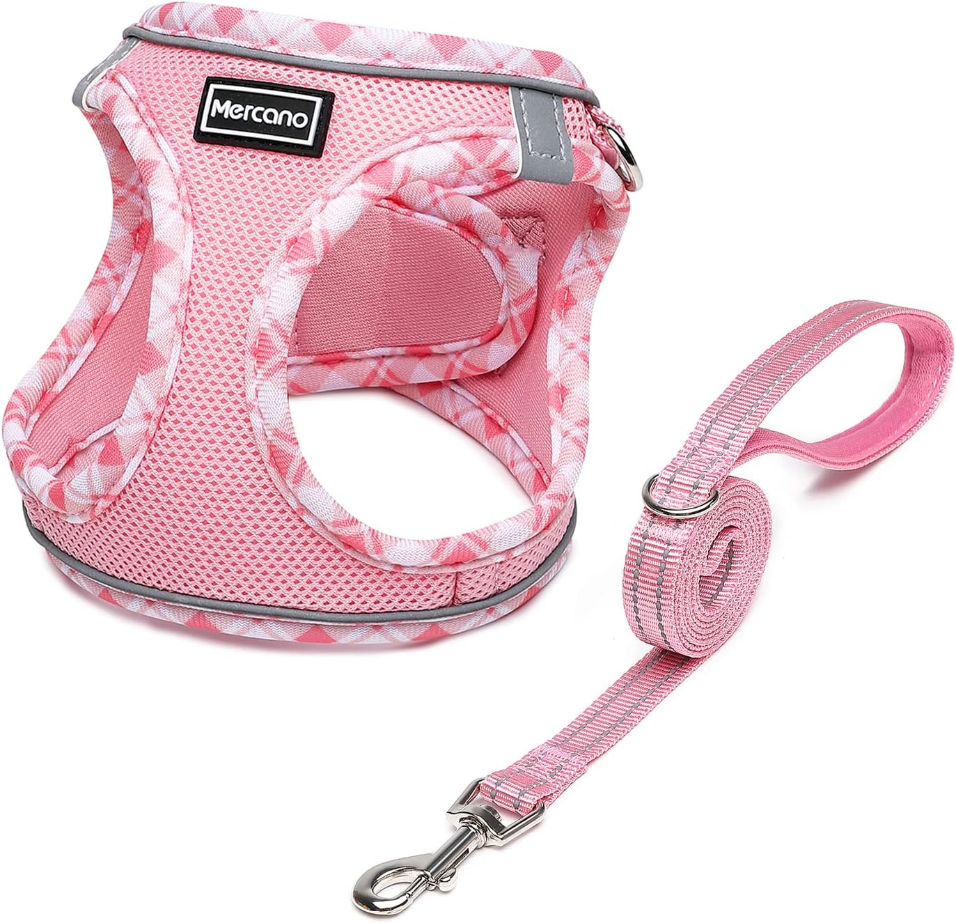 Mercano Soft Mesh Dog Harness and Leash Set, No-Chock Step-in Reflective Breathable Lightweight Easy Walk Escape Proof Vest Harnesses with Safety Buckle for Small Medium Dogs, Cats (Pink, M)